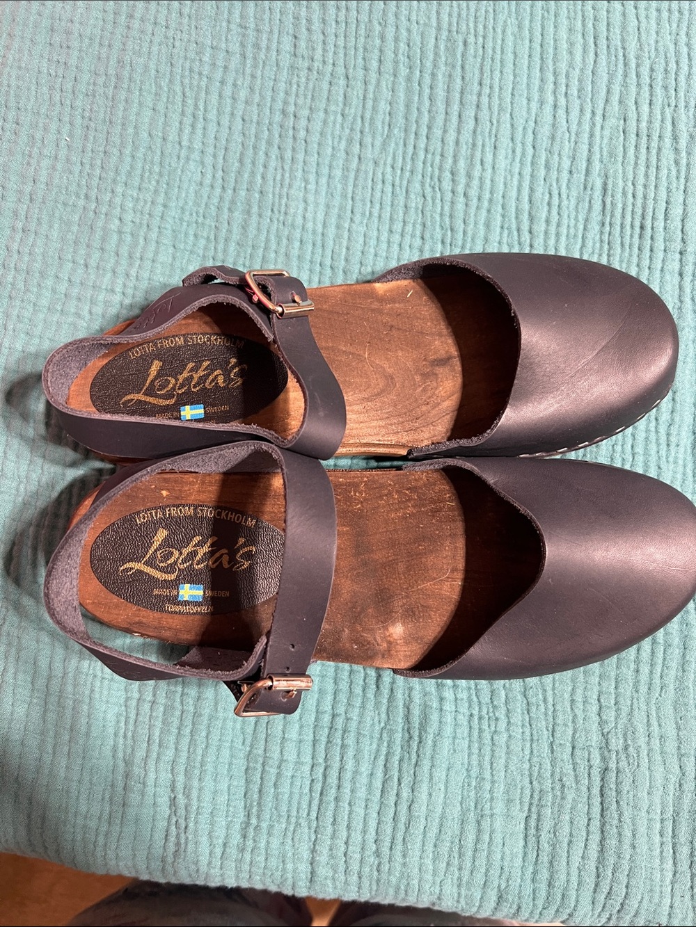 New! from Stockholm Classic Navy Blue Leather Wooden Clog Sandals Ankle strap